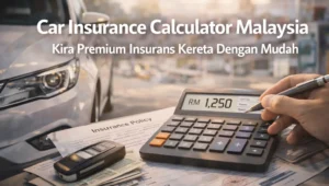 Ilustrasi penggunaan car insurance calculator Malaysia untuk mengira premium kereta, termasuk pilihan komprehensif, third party, add-ons dan No Claim Bonus