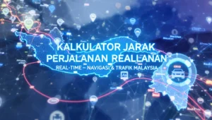 Ilustrasi kalkulator jarak perjalanan Malaysia, menghitung kilometer dan estimasi waktu tempuh.